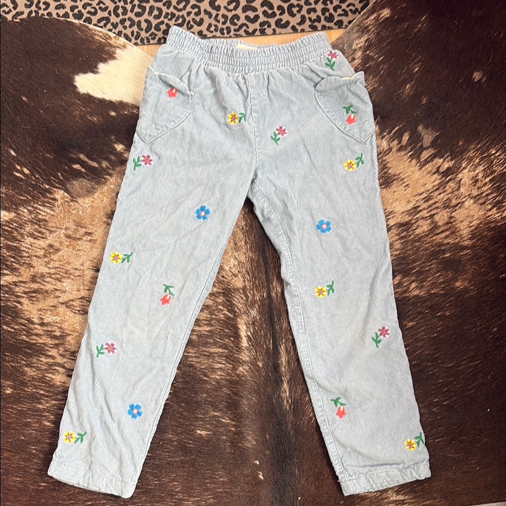 Boden Girls Corduroy Embroidered Floral Blue Pants